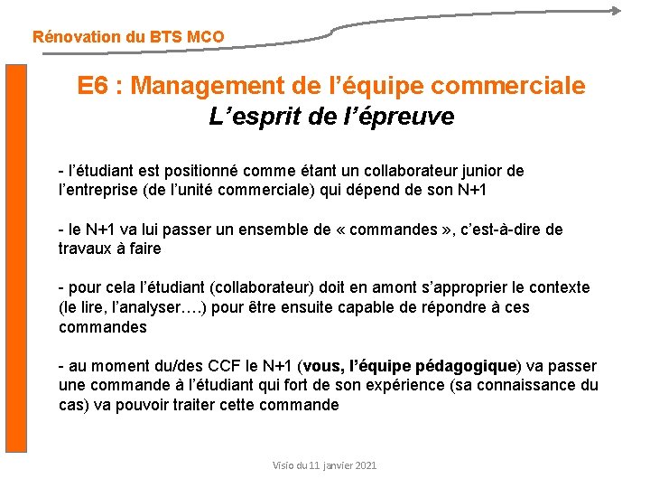 Rénovation du BTS MCO E 6 : Management de l’équipe commerciale L’esprit de l’épreuve