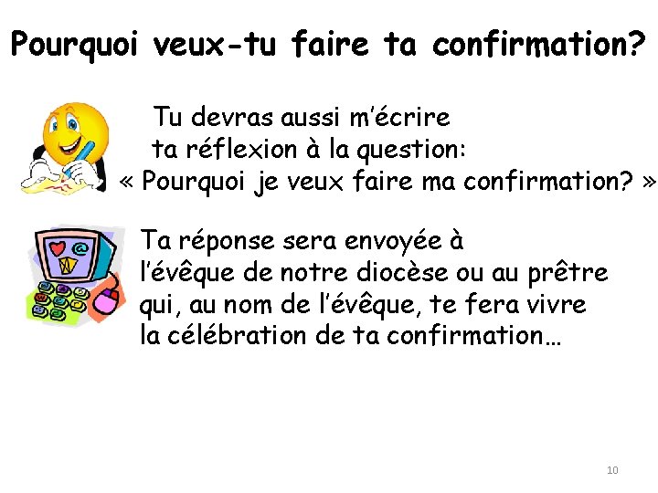 Pourquoi veux-tu faire ta confirmation? Tu devras aussi m’écrire ta réflexion à la question: