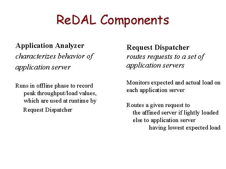 Re. DAL Components Application Analyzer characterizes behavior of application server Runs in offline phase