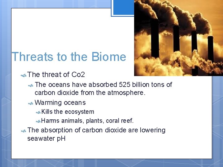 Threats to the Biome The threat of Co 2 The oceans have absorbed 525