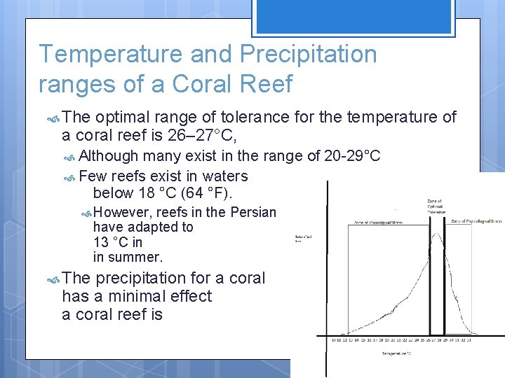 Temperature and Precipitation ranges of a Coral Reef The optimal range of tolerance for
