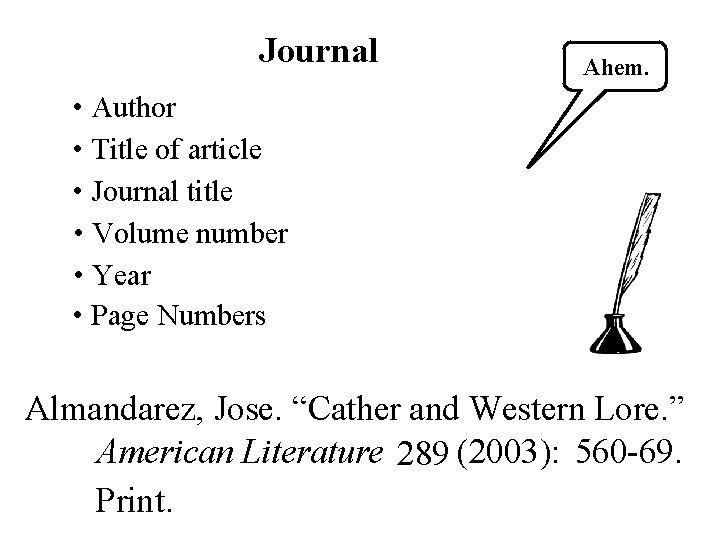 Journal Ahem. • Author • Title of article • Journal title • Volume number