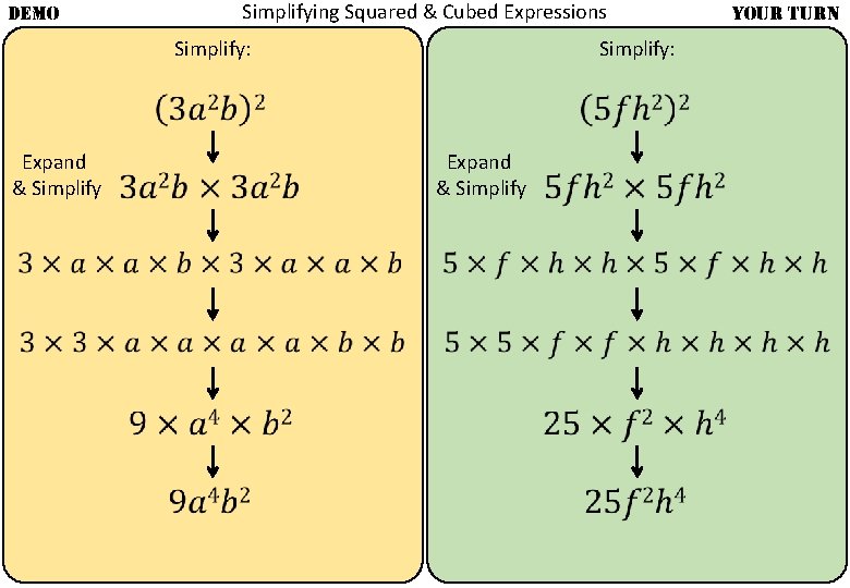 DEMO Simplifying Squared & Cubed Expressions Simplify: Expand & Simplify YOUR TURN 