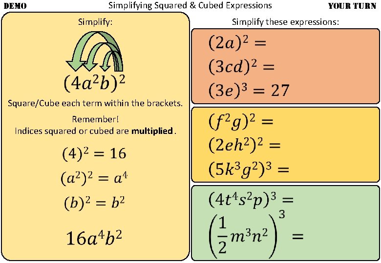 DEMO Simplifying Squared & Cubed Expressions Simplify: Square/Cube each term within the brackets. Remember!
