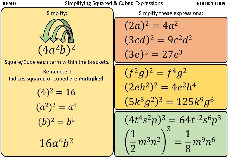 DEMO Simplifying Squared & Cubed Expressions Simplify: Square/Cube each term within the brackets. Remember!
