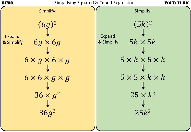 DEMO Simplifying Squared & Cubed Expressions Simplify: Expand & Simplify YOUR TURN 