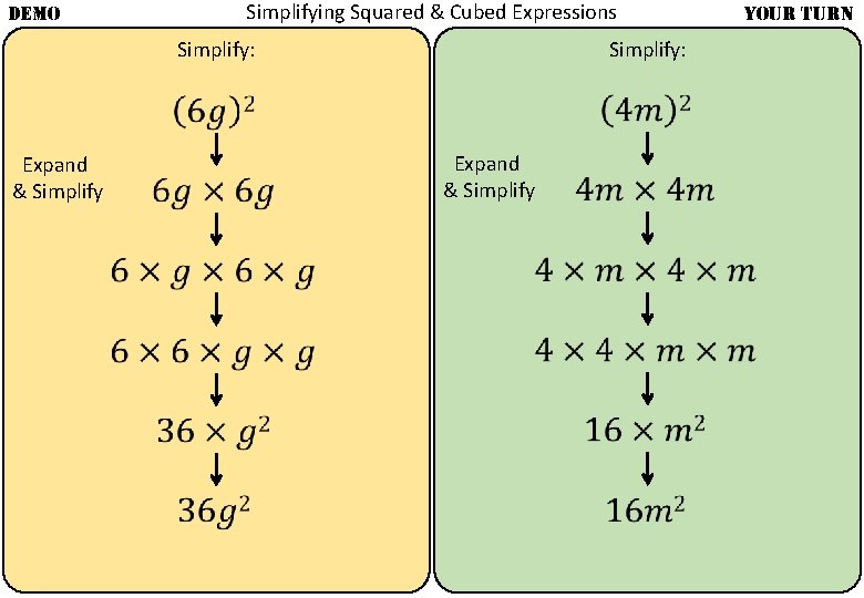 DEMO Simplifying Squared & Cubed Expressions Simplify: Expand & Simplify YOUR TURN 