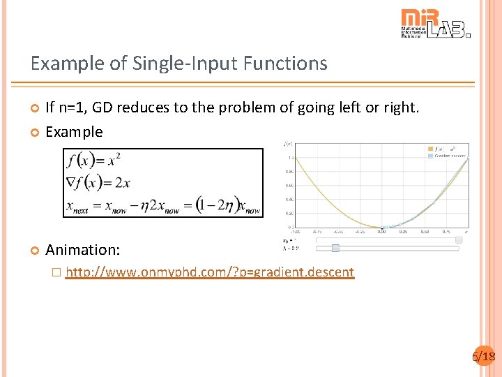 Example of Single-Input Functions If n=1, GD reduces to the problem of going left