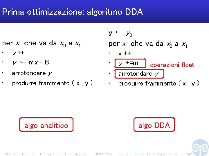 Prima ottimizzazione: algoritmo DDA y ← y 0 per x che va da x