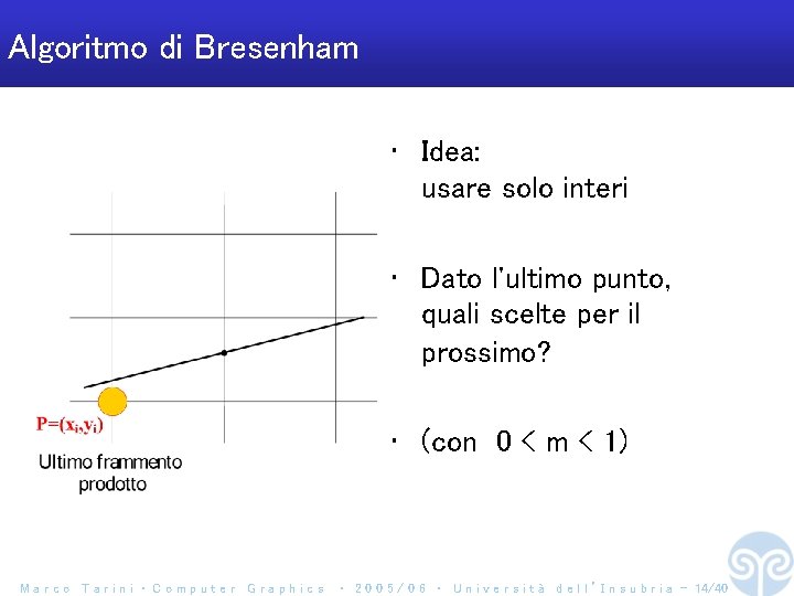 Algoritmo di Bresenham • Idea: usare solo interi • Dato l'ultimo punto, quali scelte