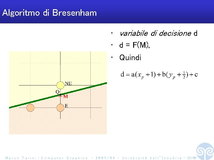 Algoritmo di Bresenham • variabile di decisione d • d = F(M), • Quindi