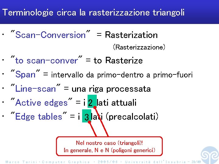 Terminologie circa la rasterizzazione triangoli • "Scan-Conversion" = Rasterization (Rasterizzazione) • • • "to