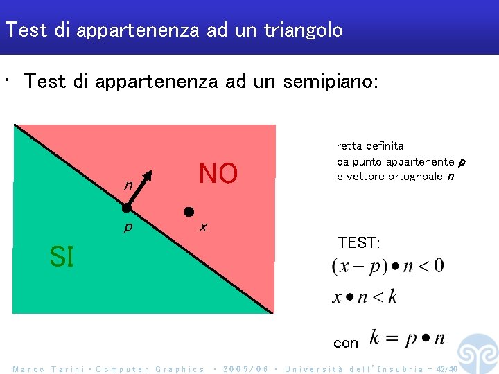 Test di appartenenza ad un triangolo • Test di appartenenza ad un semipiano: n