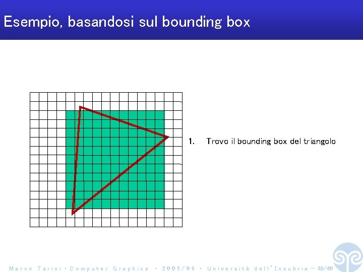 Esempio, basandosi sul bounding box 1. Marco Tarini ‧ Computer Graphics Trovo il bounding