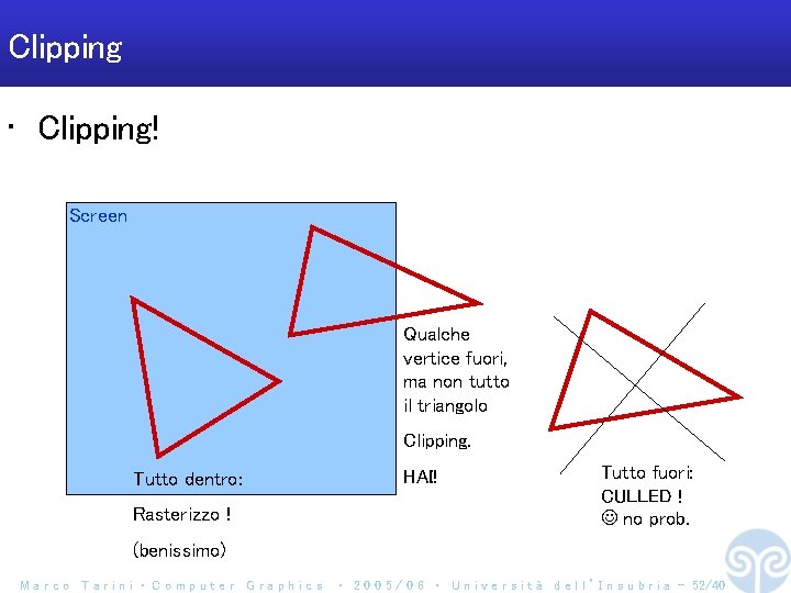 Clipping • Clipping! Screen Qualche vertice fuori, ma non tutto il triangolo Clipping. Tutto