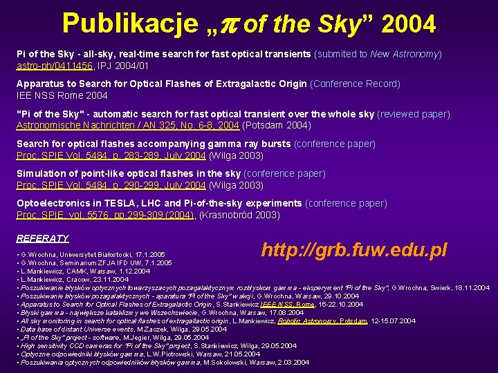 Publikacje „p of the Sky” 2004 Pi of the Sky - all-sky, real-time search