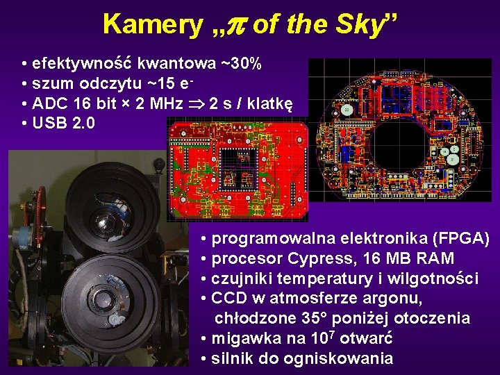 Kamery „p of the Sky” • efektywność kwantowa ~30% • szum odczytu ~15 e