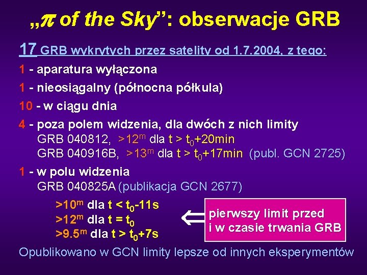 „p of the Sky”: obserwacje GRB 17 GRB wykrytych przez satelity od 1. 7.