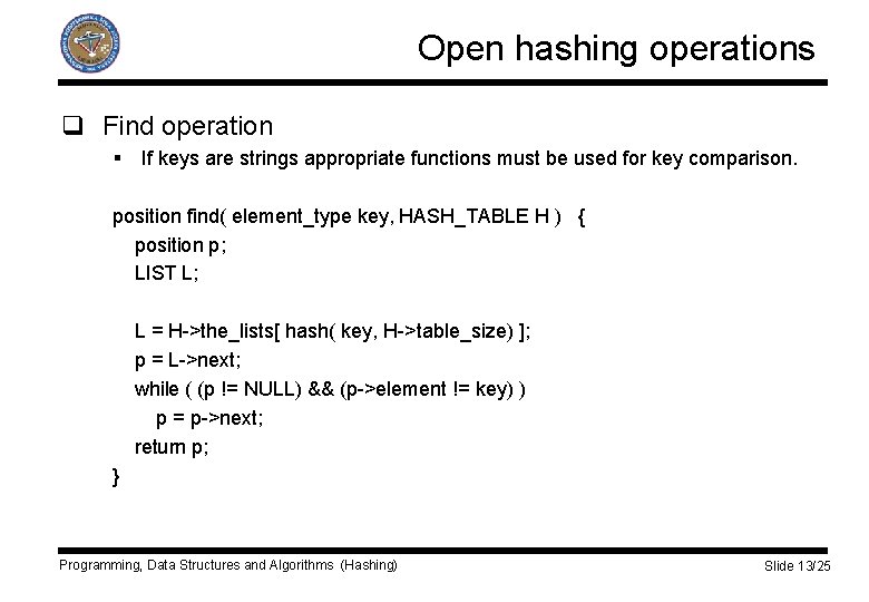 Open hashing operations q Find operation § If keys are strings appropriate functions must