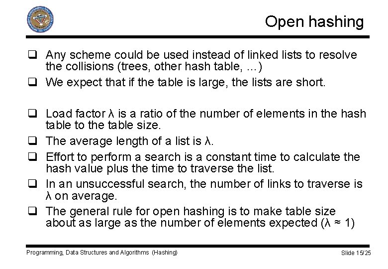 Open hashing q Any scheme could be used instead of linked lists to resolve