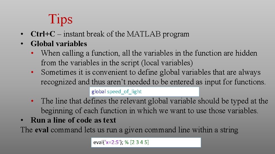 Tips • Ctrl+C – instant break of the MATLAB program • Global variables • Tips • Ctrl+C – instant break of the MATLAB program • Global variables •