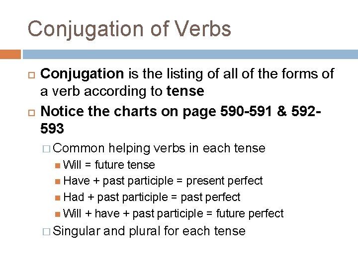 Conjugation of Verbs Conjugation is the listing of all of the forms of a