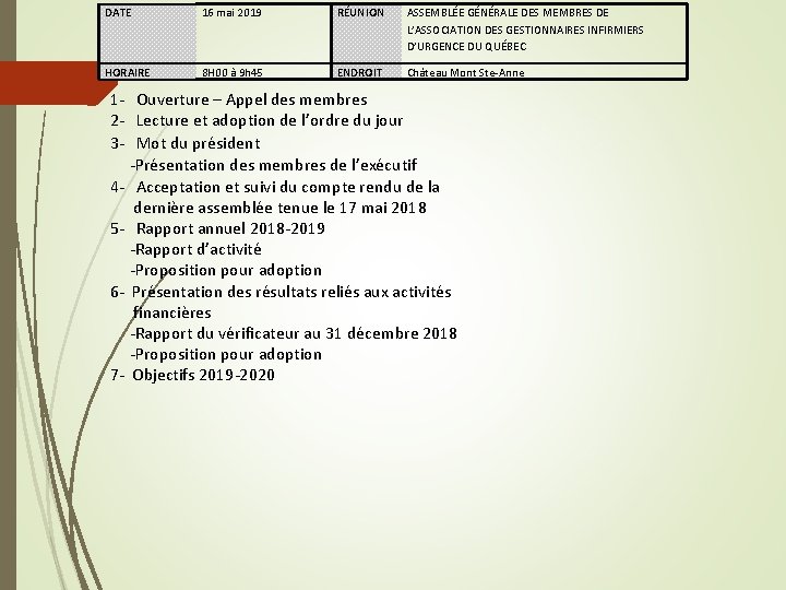 DATE 16 mai 2019 RÉUNION ASSEMBLÉE GÉNÉRALE DES MEMBRES DE L’ASSOCIATION DES GESTIONNAIRES INFIRMIERS