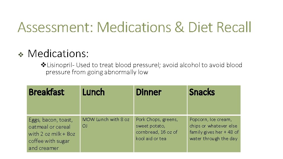 Assessment: Medications & Diet Recall v Medications: v. Lisinopril- Used to treat blood pressurel;