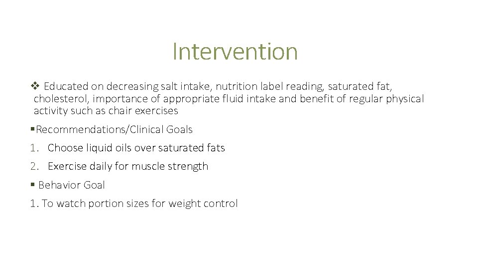 Intervention v Educated on decreasing salt intake, nutrition label reading, saturated fat, cholesterol, importance