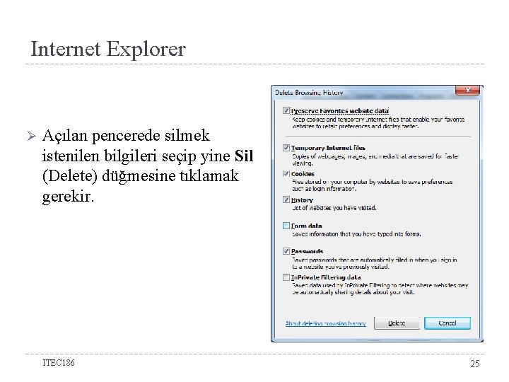 Internet Explorer Ø Açılan pencerede silmek istenilen bilgileri seçip yine Sil (Delete) düğmesine tıklamak