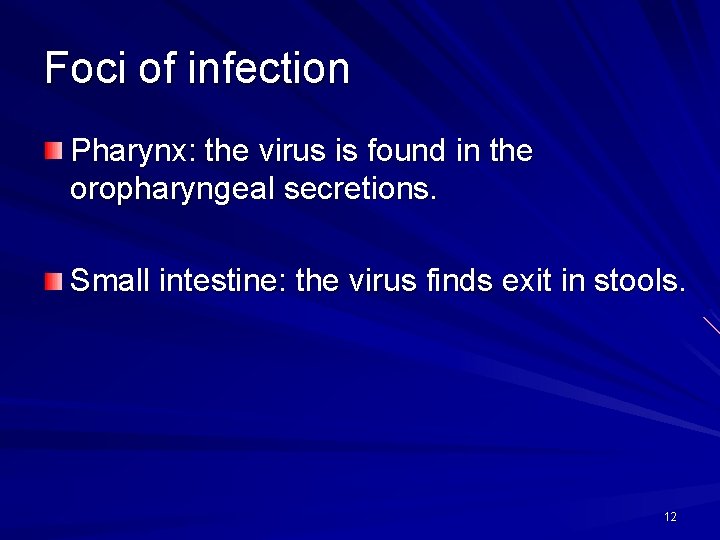 Foci of infection Pharynx: the virus is found in the oropharyngeal secretions. Small intestine: