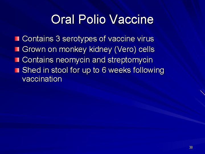 Oral Polio Vaccine Contains 3 serotypes of vaccine virus Grown on monkey kidney (Vero)