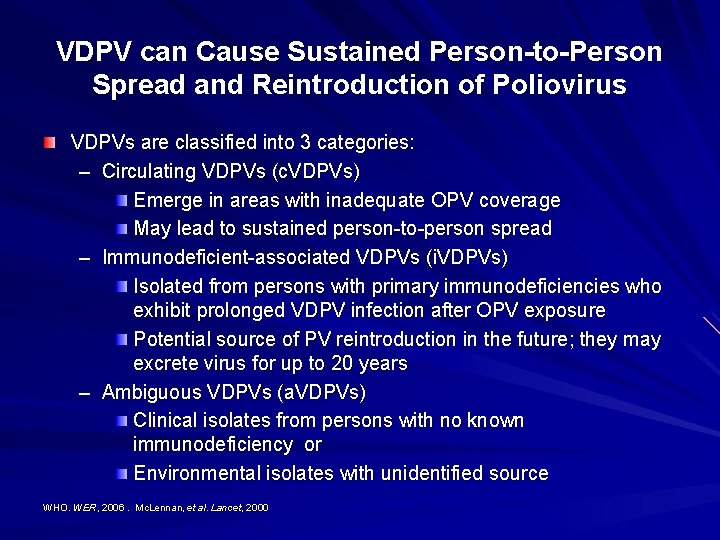 VDPV can Cause Sustained Person-to-Person Spread and Reintroduction of Poliovirus VDPVs are classified into