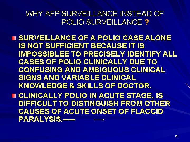 WHY AFP SURVEILLANCE INSTEAD OF POLIO SURVEILLANCE ? SURVEILLANCE OF A POLIO CASE ALONE