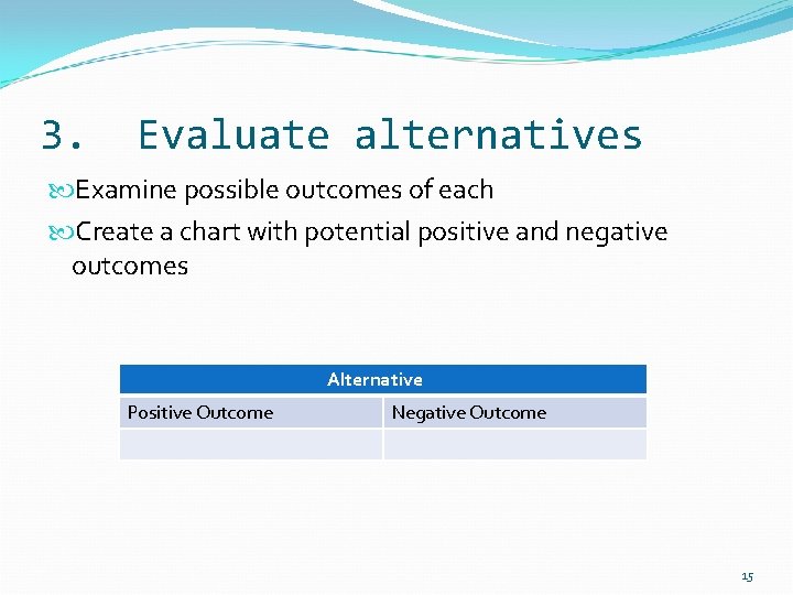 3. Evaluate alternatives Examine possible outcomes of each Create a chart with potential positive
