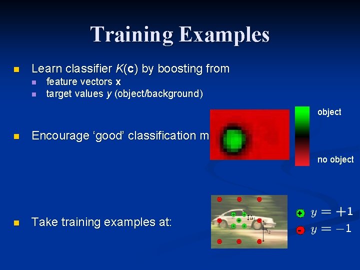 Training Examples n Learn classifier K(c) by boosting from n n feature vectors x Training Examples n Learn classifier K(c) by boosting from n n feature vectors x