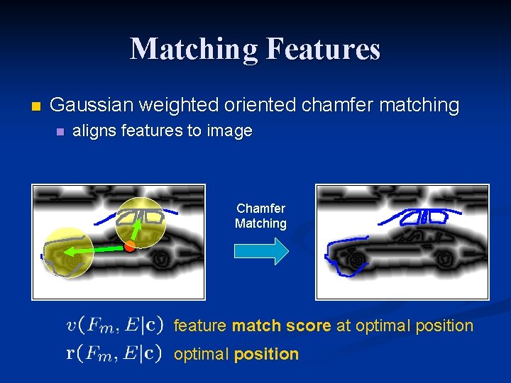 Matching Features n Gaussian weighted oriented chamfer matching n aligns features to image Chamfer Matching Features n Gaussian weighted oriented chamfer matching n aligns features to image Chamfer