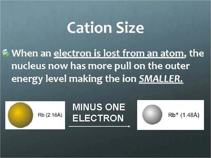 Cation Size When an electron is lost from an atom, the nucleus now has