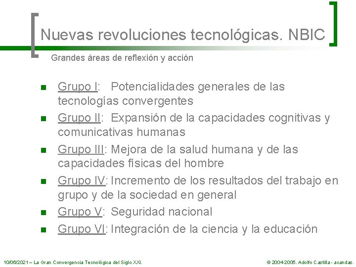 Nuevas revoluciones tecnológicas. NBIC Grandes áreas de reflexión y acción n n n Grupo