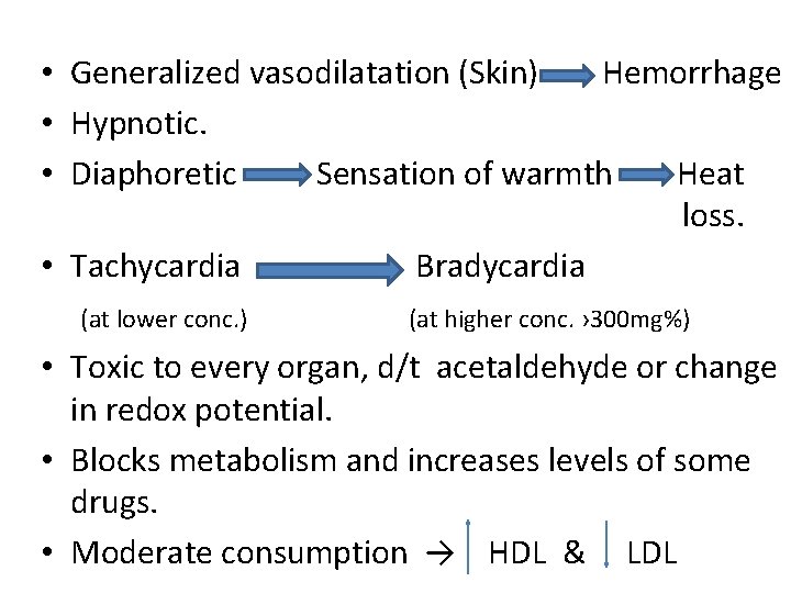  • Generalized vasodilatation (Skin) Hemorrhage • Hypnotic. • Diaphoretic Sensation of warmth Heat