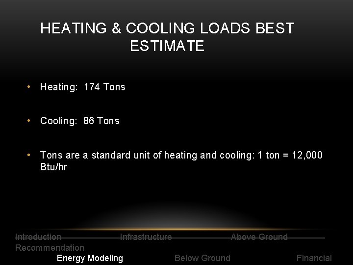 HEATING & COOLING LOADS BEST ESTIMATE • Heating: 174 Tons • Cooling: 86 Tons