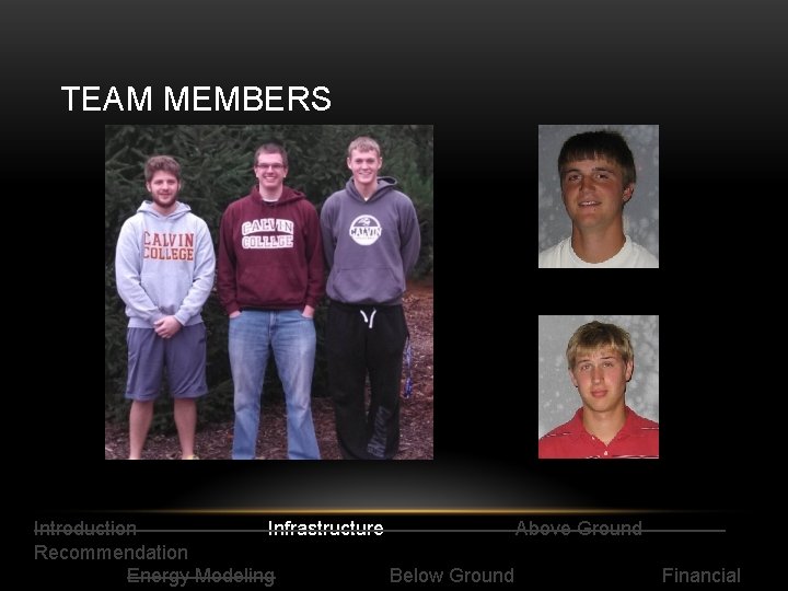 TEAM MEMBERS Introduction Infrastructure Above Ground Recommendation Energy Modeling Below Ground Financial 