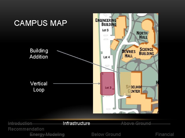 CAMPUS MAP Building Addition Vertical Loop Introduction Infrastructure Above Ground Recommendation Energy Modeling Below