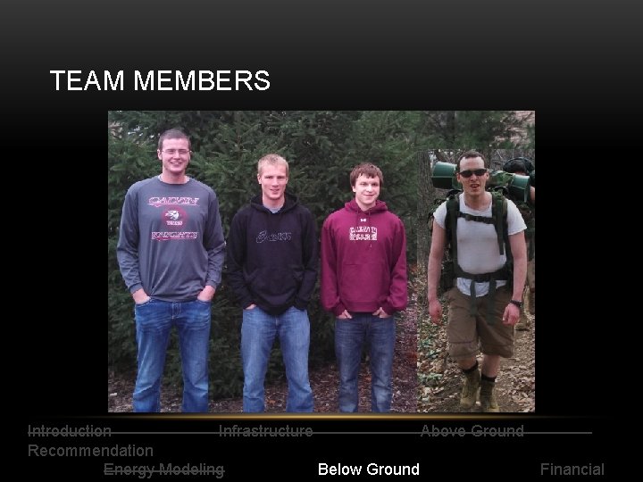 TEAM MEMBERS Introduction Infrastructure Above Ground Recommendation Energy Modeling Below Ground Financial 