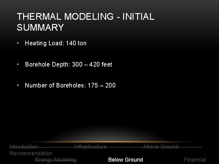 THERMAL MODELING - INITIAL SUMMARY • Heating Load: 140 ton • Borehole Depth: 300