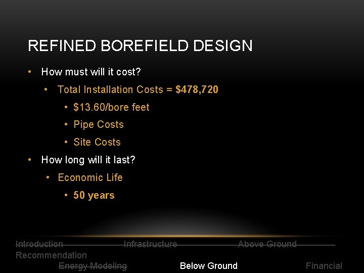 REFINED BOREFIELD DESIGN • How must will it cost? • Total Installation Costs =