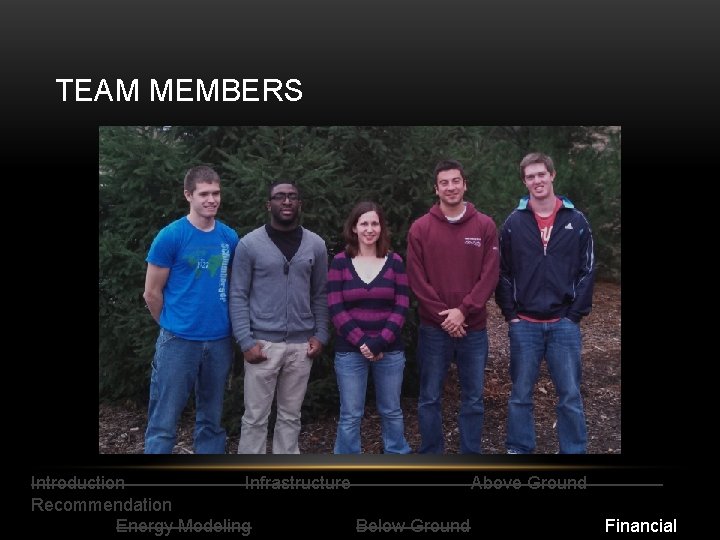 TEAM MEMBERS Introduction Infrastructure Above Ground Recommendation Energy Modeling Below Ground Financial 