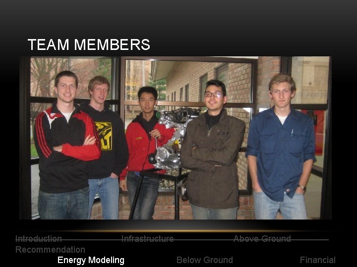 TEAM MEMBERS Introduction Infrastructure Above Ground Recommendation Energy Modeling Below Ground Financial 
