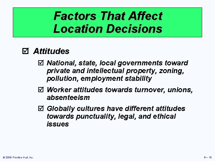 Factors That Affect Location Decisions þ Attitudes þ National, state, local governments toward private
