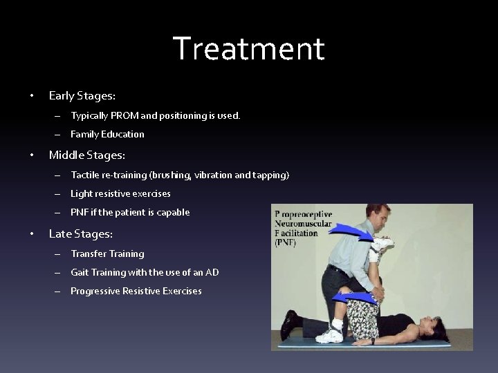 Treatment • Early Stages: – Typically PROM and positioning is used. – Family Education